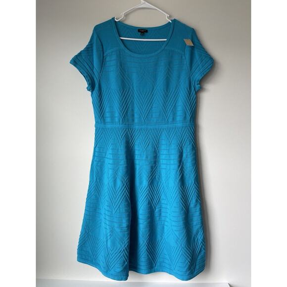 TALBOTS DRESS Women’s Size XLP Aqua Blue Fit/Flare Stretch Knit Short Sleeve - Picture 1 of 5